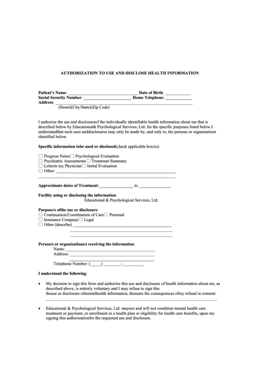 Authorization To Use And Disclose Health Information Form printable pdf