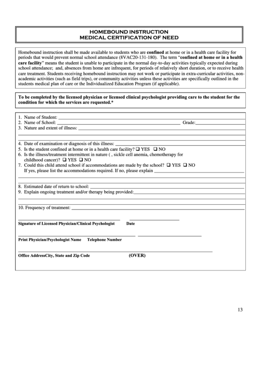 Homebound Instruction Medical Certification Of Need printable pdf download