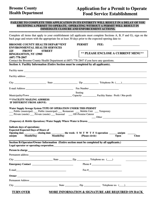 Application For A Permit To Operate Food Service Establishment Form