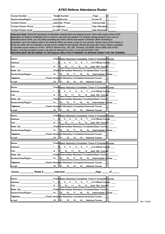 Ayso Referee Attendance Roster Form printable pdf download
