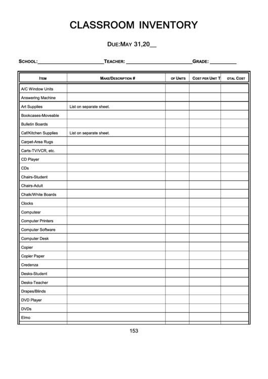 Classroom Inventory Form printable pdf download