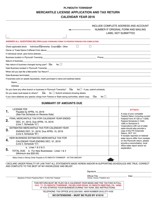 Mercantile License Application And Tax Return Plymouth Township 2016 printable pdf download