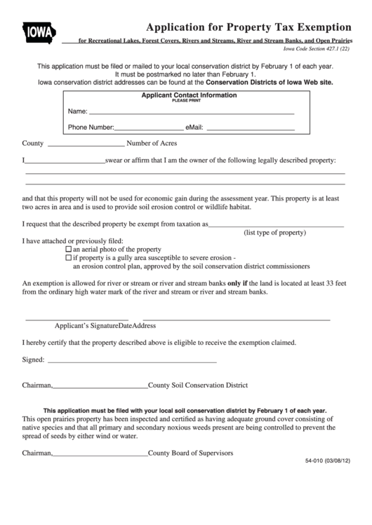 Form 54010 Application For Property Tax Exemption printable pdf download