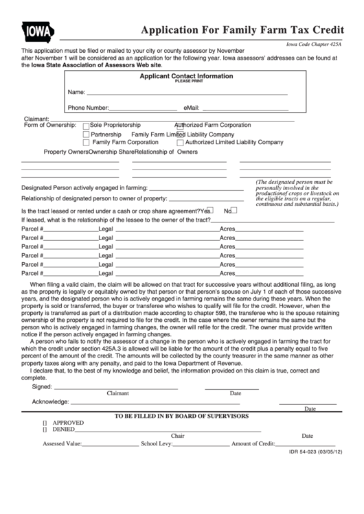 Form Idr 54023 Application For Family Farm Tax Credit printable pdf