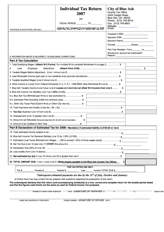 Individual Tax Return City Of Blue Ash 2007 printable pdf download