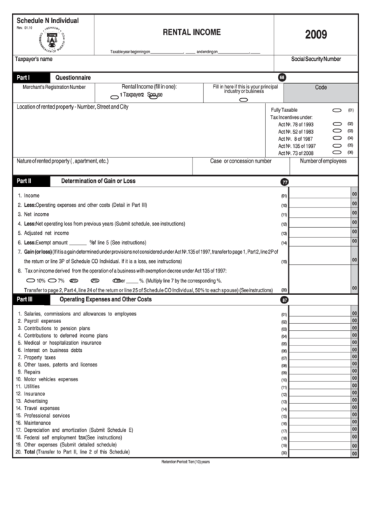 Schedule N Individual Rental Form 2009 printable pdf download