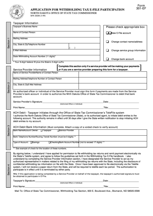 Form 301Ef Application For Withholding Tax EFile Participation