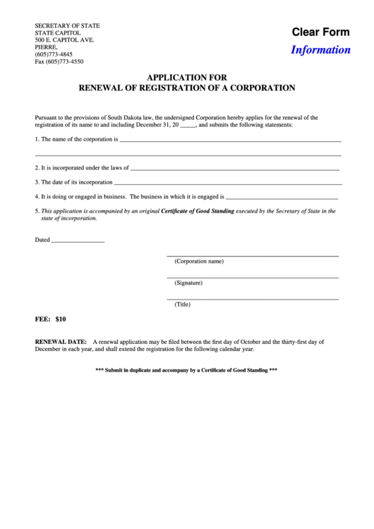 Fillable Application For Renewal Of Registration Of A Corporation