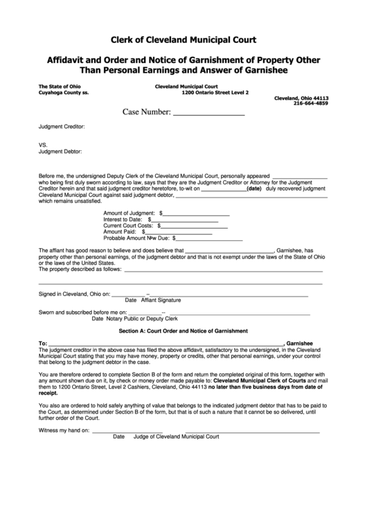 Fillable Affidavit And Order And Notice Of Garnishment Of Property