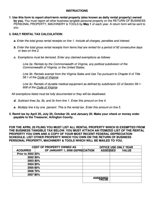 ShortTerm Rental Tax Return 2008 Form printable pdf download