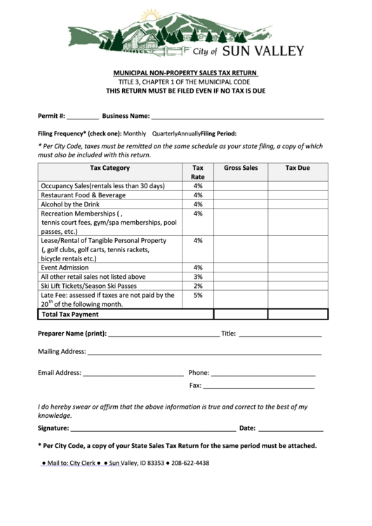 Fillable City Of Sun Valley Municipal NonProperty Sales Tax Return