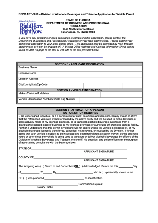 Form Dbpr Abt6016 Division Of Alcoholic Beverages And Tobacco