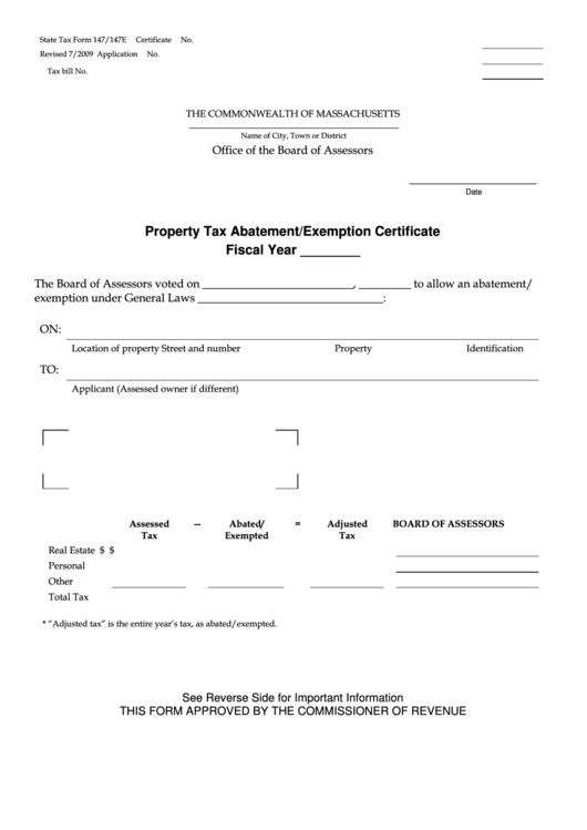 Fillable State Tax Form 147/147e Property Tax Abatement/exemption