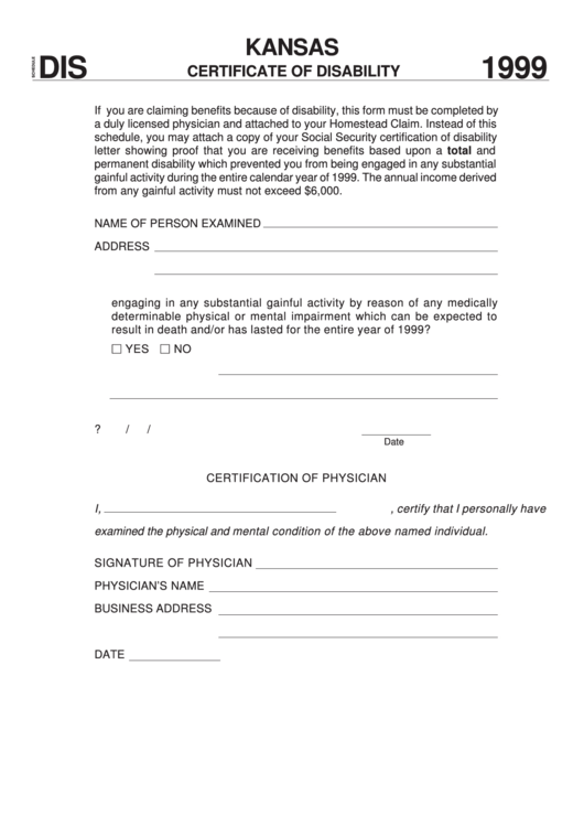 Form Dis Kansas Certificate Of Disability 1999 printable pdf download