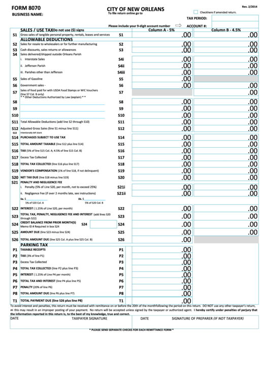 Form 8070 Sales/use Tax Form City Of New Orleans Louisiana