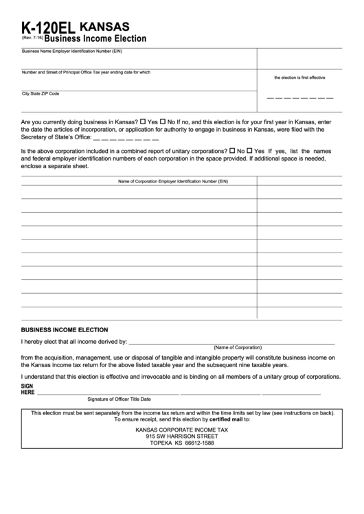 Fillable Form K120el Kansas Business Election Kansas