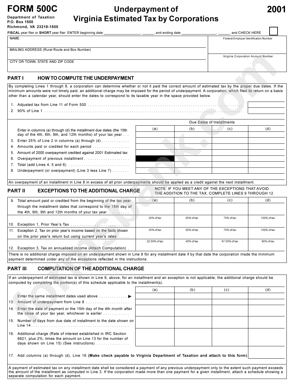Form 500c Underpayment Of Virginia Estimated Tax By Corporations