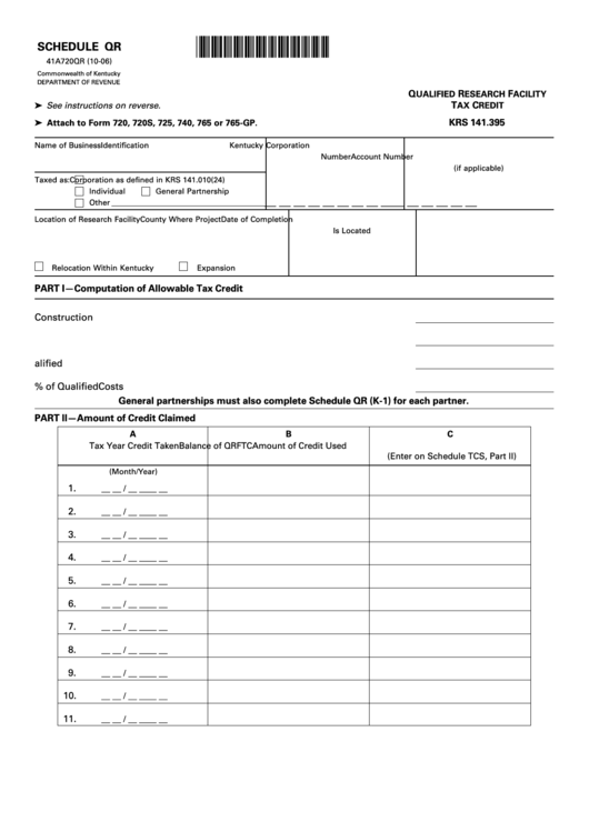 Schedule Qr Qualified Research Facility Tax Credit printable pdf download