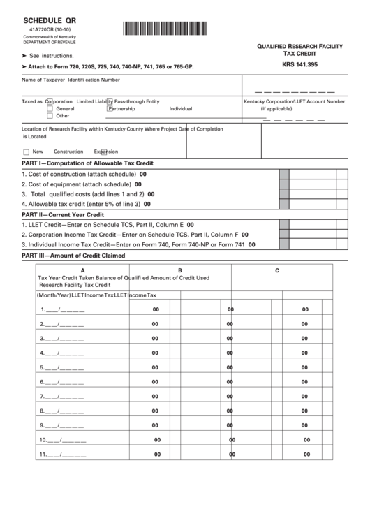 Schedule Qr (Form 41a720qr) Qualified Research Facility Tax Credit