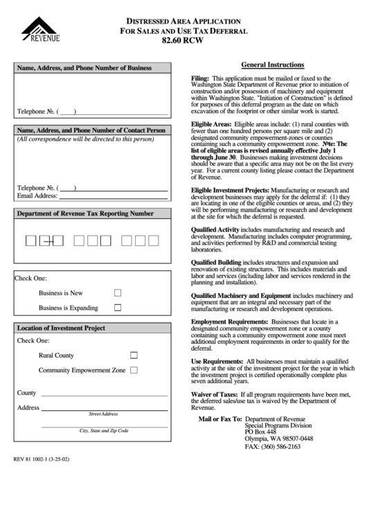 Distressed Area Application For Sales And Use Tax Deferral 82.60 Rcw