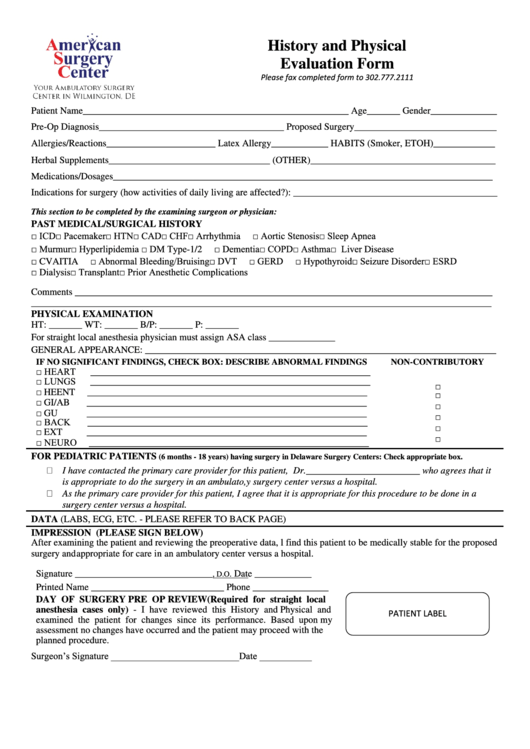 History And Physical Evaluation Form American Surgery Center