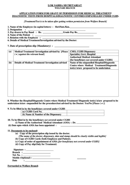 Application Form For Grant Of Permission For Medical Treatment