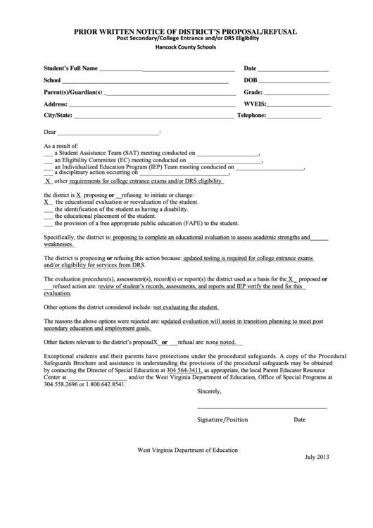 Fillable Prior Written Notice Of District'S Proposal/refusal Form