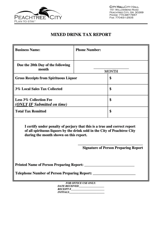 Mixed Drink Tax Report Form Peachtree City, Ga printable pdf download