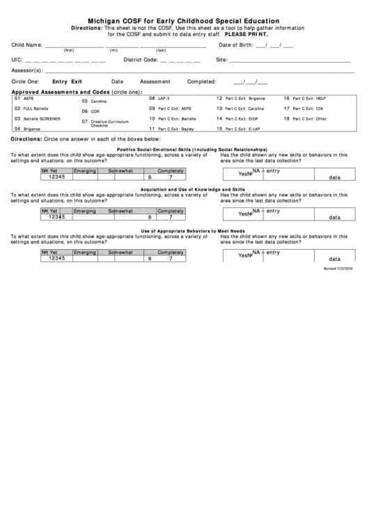 Michigan Cosf For Early Childhood Special Education Information Sheet printable pdf download