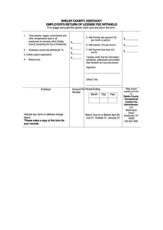 Employer'S Return Of License Fee Withheld Form Shelby County