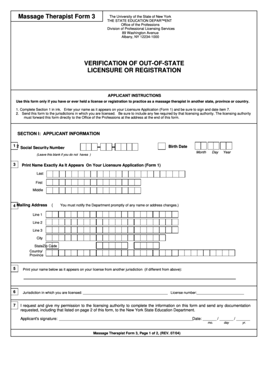 Massage Therapy Form 3 Verification Of OutOfState Licensure Or