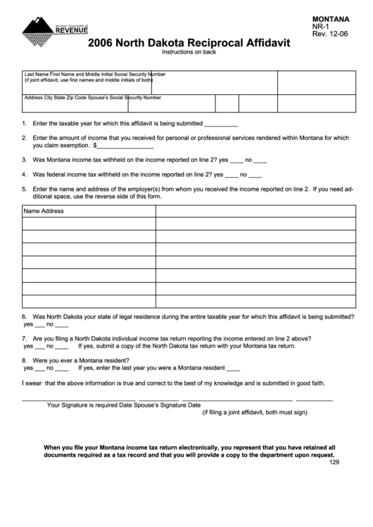 Fillable Montana Form Nr1 2006 North Dakota Reciprocal Affidavit