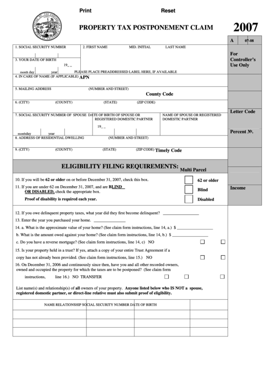 Fillable Property Tax Postponement Claim Form 2007 printable pdf download