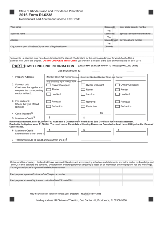 Fillable Form Ri6238 Residential Lead Abatement Tax Credit