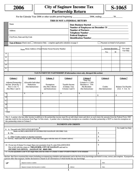 Form S1065 City Of Saginaw Tax Partnership Return 2006