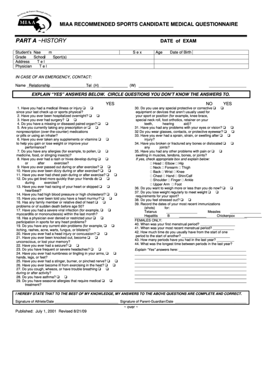 Sports Candidate Medical Questionnaire Template printable
