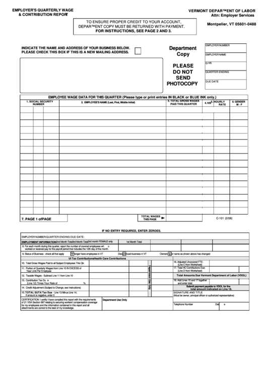 Form C147 Employer'S Quarterly Wage & Contribution Report Vermont