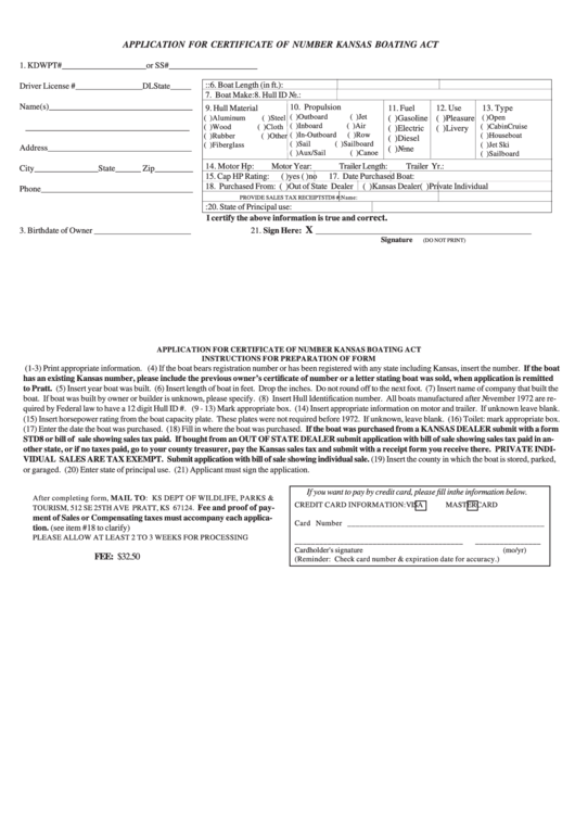 Application For Certificate Of Number Kansas Boating Act Form printable