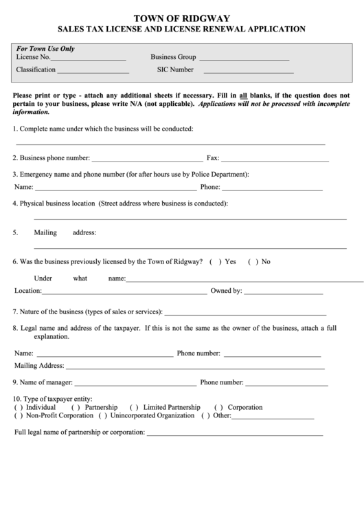 Sales Tax License And License Renewal Application Form Town Of