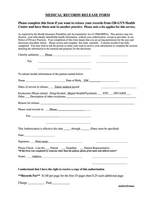 Medical Records Release Form printable pdf download