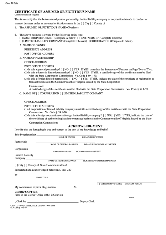 Fillable Cc1050 Certificate Of Assumed Or Fictitious Name Template