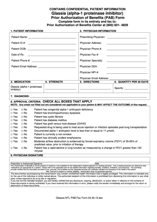 Glassia (Alpha1 Proteinase Inhibitor) Prior Authorization Of Benefits