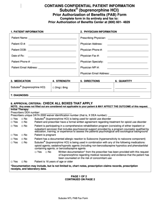 Subutex (Buprenorphine Hcl) Prior Authorization Of Benefits (Pab) Form printable pdf download