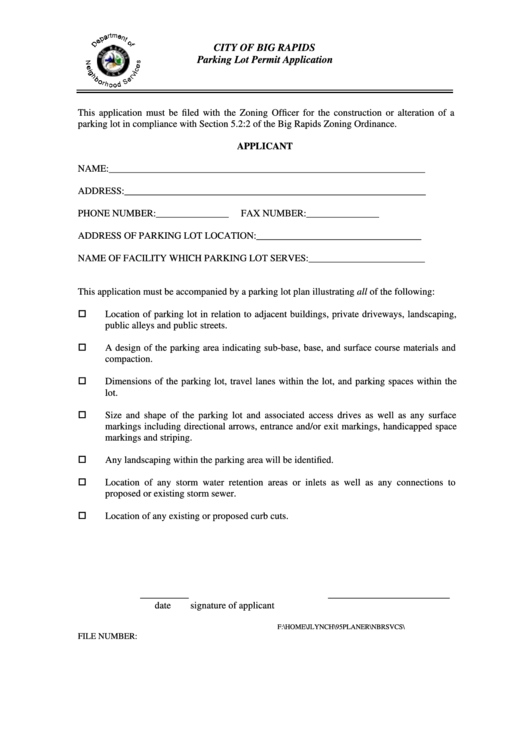 Application For Parking Lot Permit Form printable pdf download