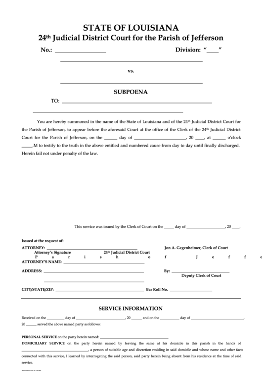 Fillable Subpoena Form State Of Louisiana printable pdf download