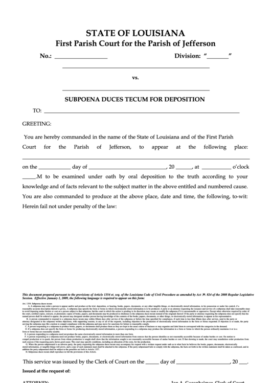 Fillable Subpoena Duces Tecum For Deposition First Parish Court