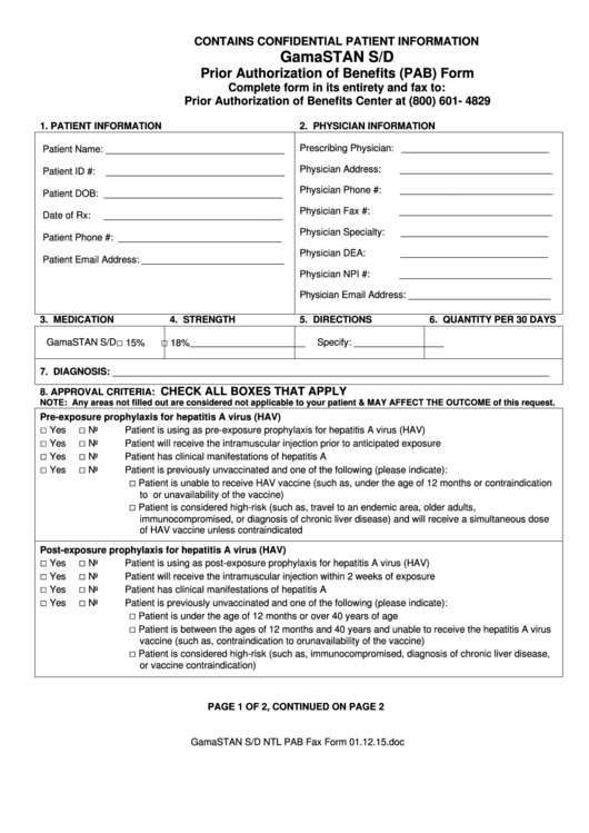 Gamastan S/d Prior Authorization Of Benefits (Pab) Form printable pdf