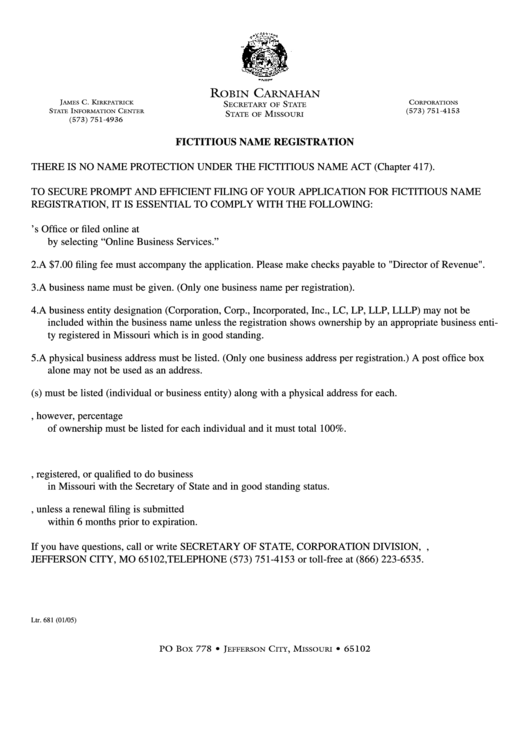 Fillable Fictitious Name Registration Form 2005 printable pdf download