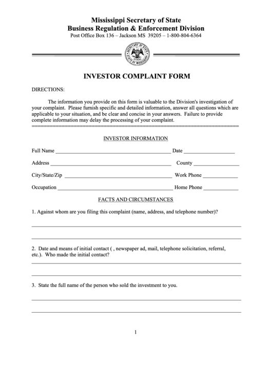 Investor Complaint Form Mississippi Secretary Of State printable pdf