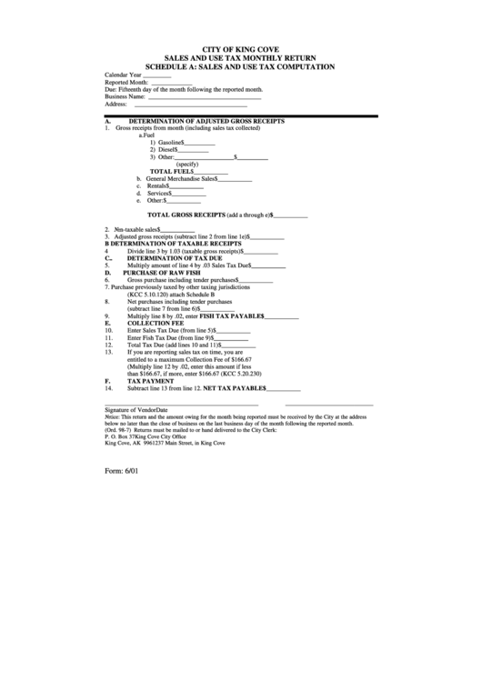 Sales And Use Tax Monthly Return City Of King Cove printable pdf download